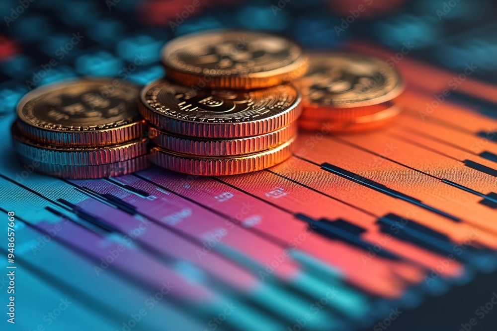Poster a stack of coins on a graph with a blue background