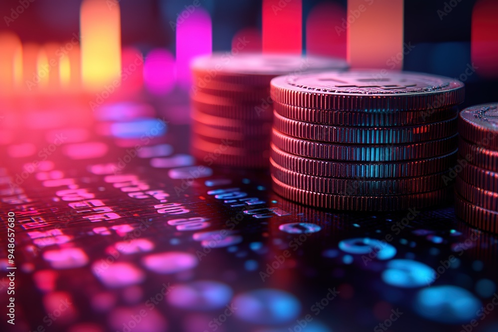 Poster a stack of coins is on top of a computer keyboard