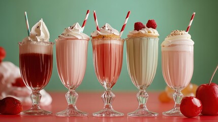 Five Milkshakes with Whipped Cream and Straws on a Red Surface