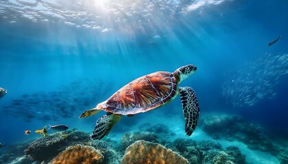 Obraz premium Turtle gliding gracefully through the clear blue ocean