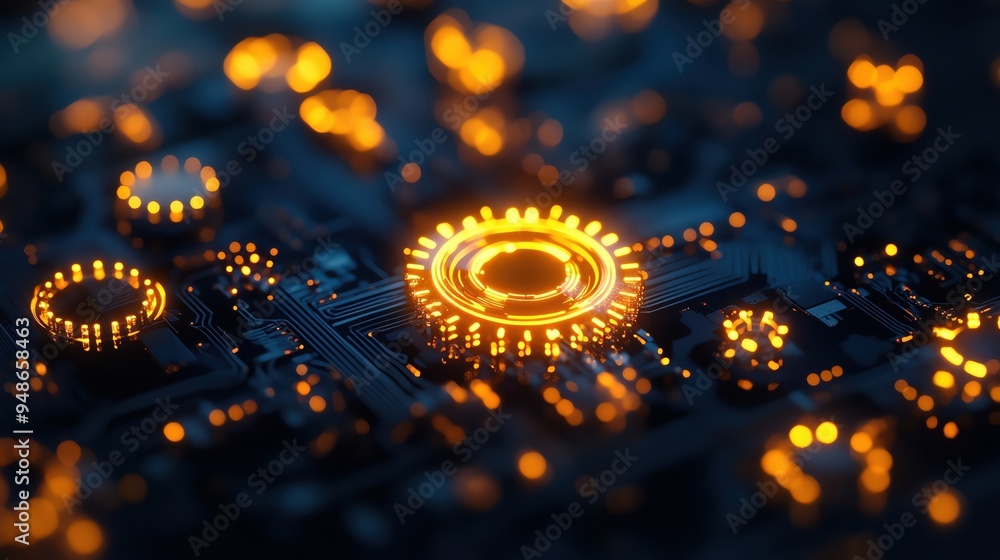 Poster a captivating close-up of a circuit board featuring glowing components, representing innovation and 