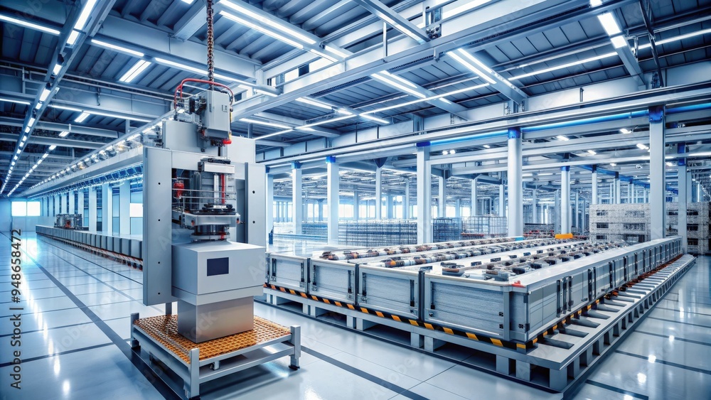 Poster artificial intelligence machine in lithium battery factory, manufacturing, technology, automation