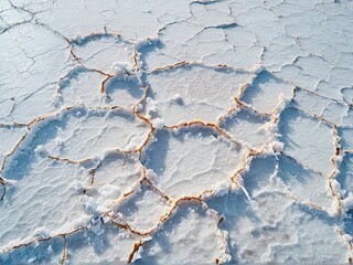 Close-up of cracked salt flats with white salt crystals and brown lines.