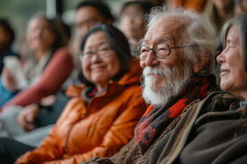 Obraz premium Elderly People Smiling and Engaging in a Group Setting, Enjoying Community Time
