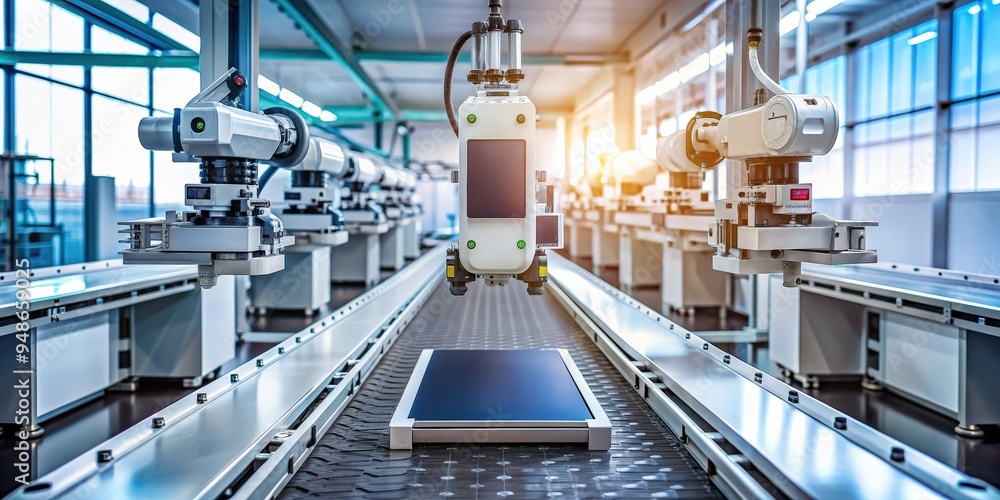 Poster robot with vacuum suckers on conveyor in smart phone factory, industry 0 concept, robot