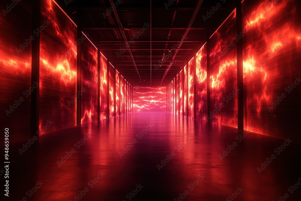 Poster a captivating corridor illuminated by vibrant red lights, creating an immersive atmosphere for futur