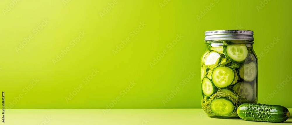 Poster fresh sliced cucumbers in a jar with whole cucumber on a bright green background