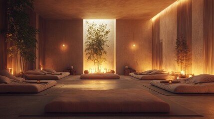 zen meditation space, peaceful meditation space features calming hues and gentle light, inviting introspection and serenity for mindful contemplation