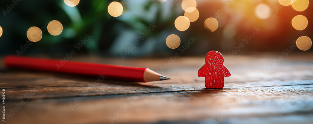 Poster colorful red figure and pencil on a wooden surface with soft bokeh lights in the background, creatin