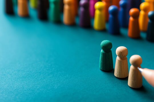 Colorful wooden figures lined up on a teal background, representing diversity, teamwork, and community.