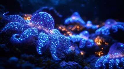 Glowtime festivity Glowing bioluminescent sea creatures in a deep ocean scene, marine mystery, awe-inspiring and surreal