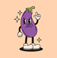 Groovy retro character eggplant. Flat vector illustration.