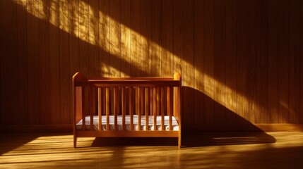 Wooden crib in warm sunlight beams casting shadows on wooden walls and floor in cozy room