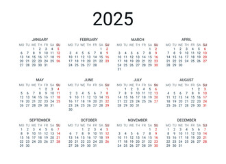 2025 year English calendar. Classical, minimalistic, simple design. White background. Vector Illustration. Week starts from Monday.