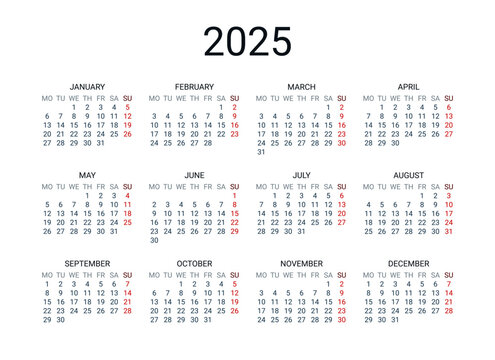 2025 year English calendar. Classical, minimalistic, simple design. White background. Vector Illustration. Week starts from Monday.