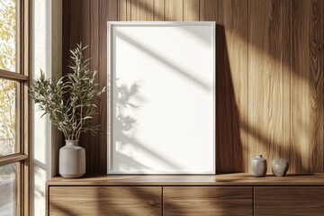 Poster Frame Mockup on Wooden Interior Background created with Generative AI