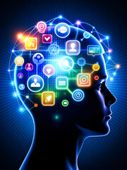 Cogwheel gears abstract background business technology. Human head profile with multimedia icons. Social networking idea. Two hands connect the gears the details.