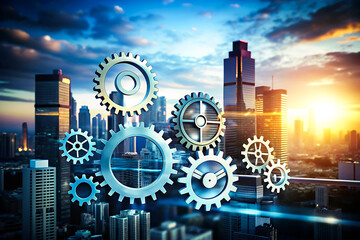 Cogwheel gears abstract background business technology. Human head profile with multimedia icons. Social networking idea. Two hands connect the gears the details.