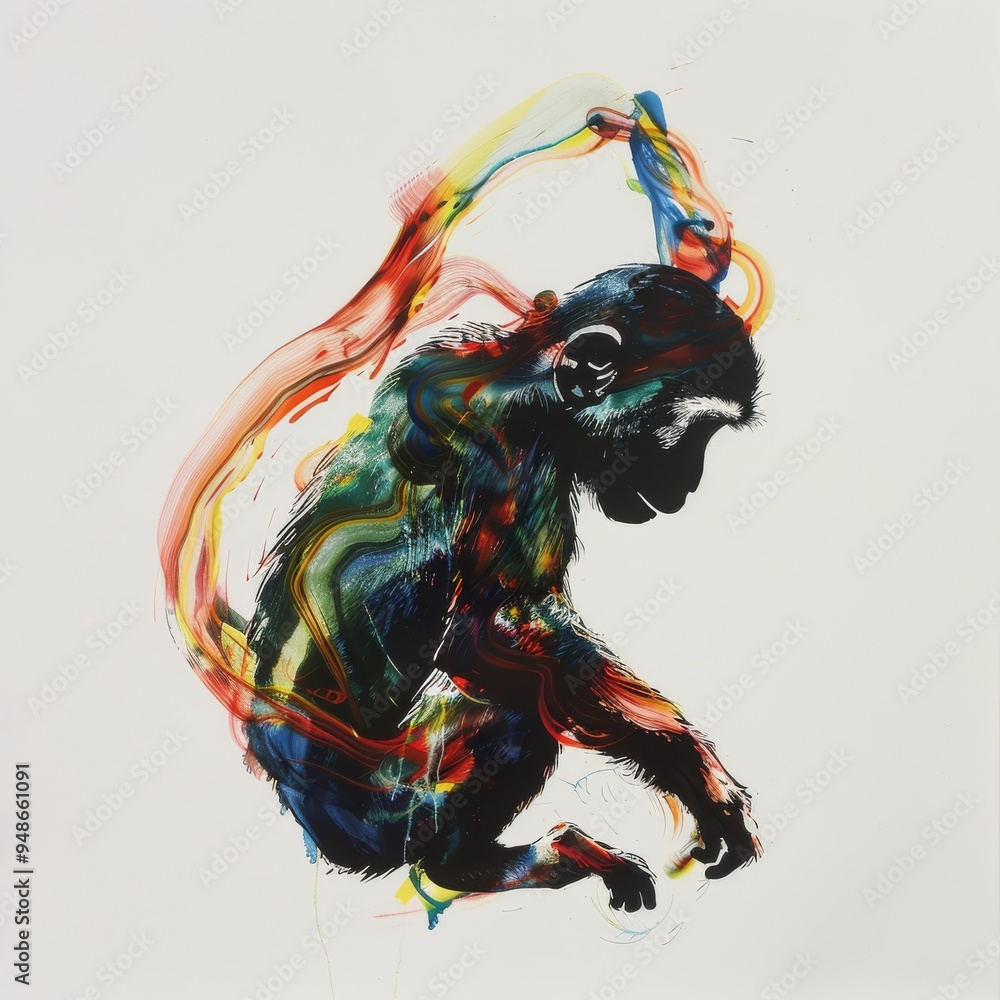 Poster Abstract monkey silhouette with colorful paint streaks.