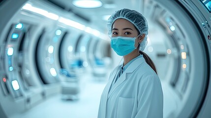 Female medical professional wearing protective clothes standing in hospital hallway