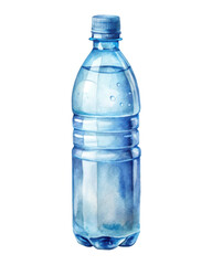 Fototapeta premium Watercolor illustration of a blue plastic bottle filled with water, showcasing a clear, refreshing look with subtle artistic details. Isolated on transparent background, png.