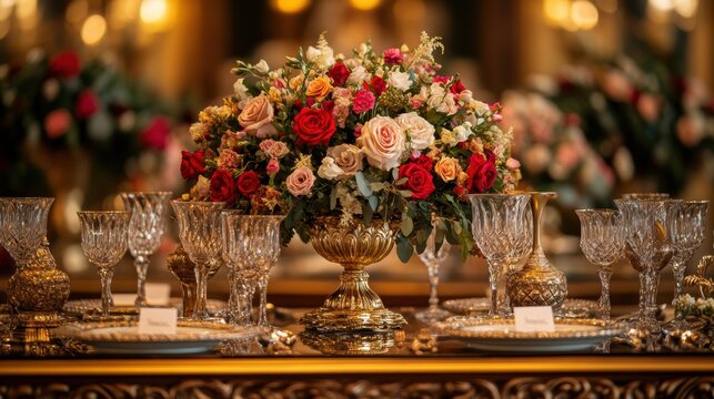 elegant banquet setting, indulge in an opulent dining affair at a lavish banquet hall, featuring exquisite floral dcor and elegant crystal glassware