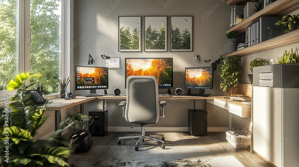 Aufkleber modern home office setup optimized for remote work with dual monitors and virtual meeting setup, tec