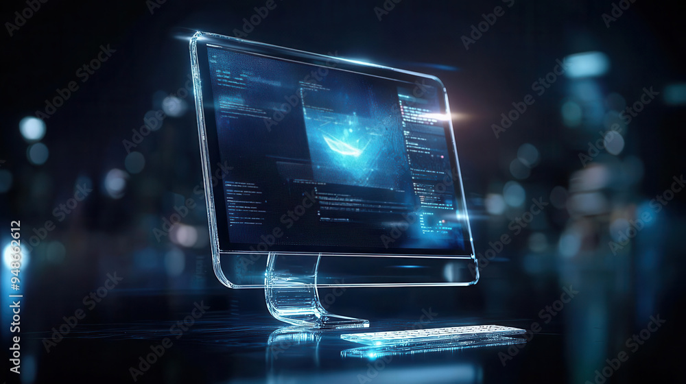 Poster modern desktop computer with glowing screen, showcasing digital data and futuristic technology.