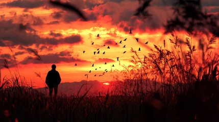 Naklejka premium A silhouette of a person standing in a field at sunset, with birds flying across a vibrant red-orange sky, capturing the beauty of nature at dusk.