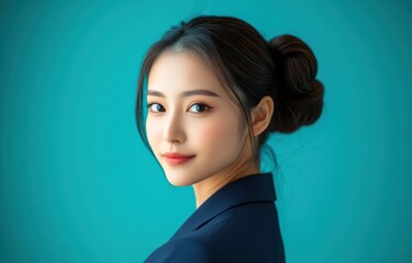 Fototapeta premium A friendly yet professional Asian businesswoman in a blue suit, smiling warmly to convey kindness and sincerity. She exudes confidence and expertise in finance and business management