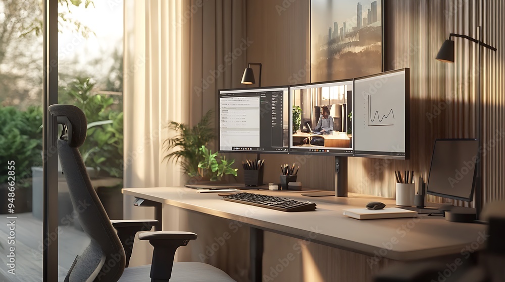Aufkleber Modern Home Office Setup Optimized for Remote Work with Dual Monitors and Virtual Meeting Setup, Tech-Savvy and Organized Environment, Photo Realistic