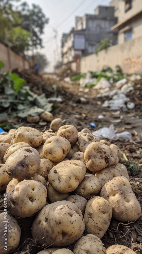 Poster a pile of potatoes is on the ground in front of a building