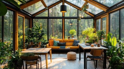 Fototapeta premium Cozy Living Room with Large Windows and Plants.