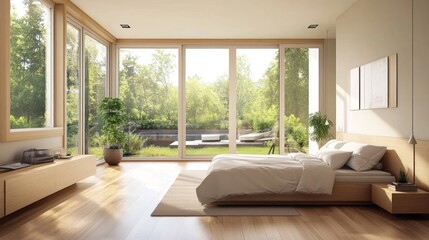 Fototapeta premium Modern bedroom with large windows overlooking a garden and pool.