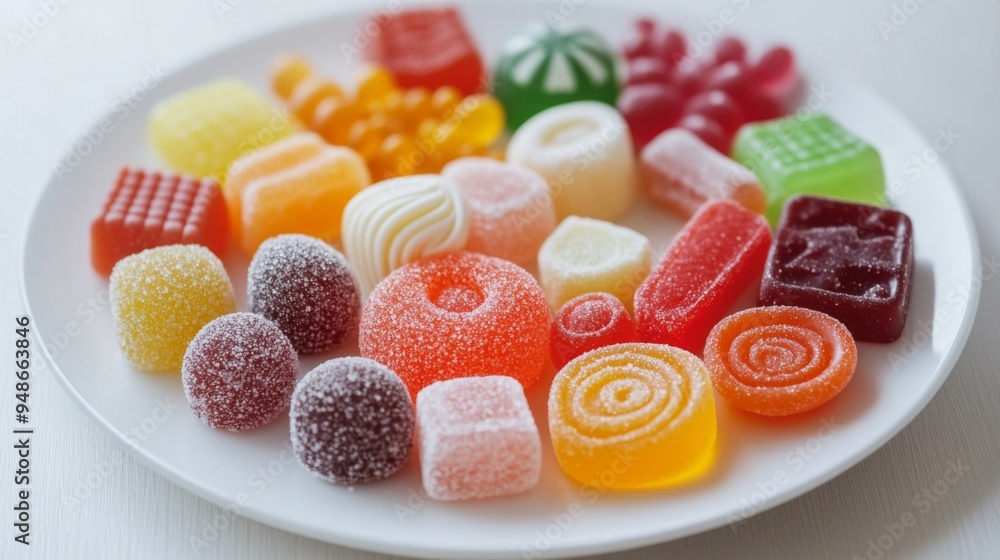 Poster A neatly arranged assortment of hard candies with different shapes and colors, displayed on a white plate to highlight their vibrant and playful nature.