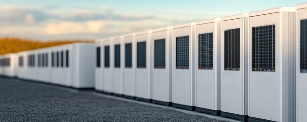 Fototapeta premium Modern energy storage units lined up in a serene landscape, showcasing innovative technology for sustainable power solutions.