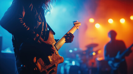 Obraz premium Vibrant live rock concert with electric guitar and dynamic stage lighting