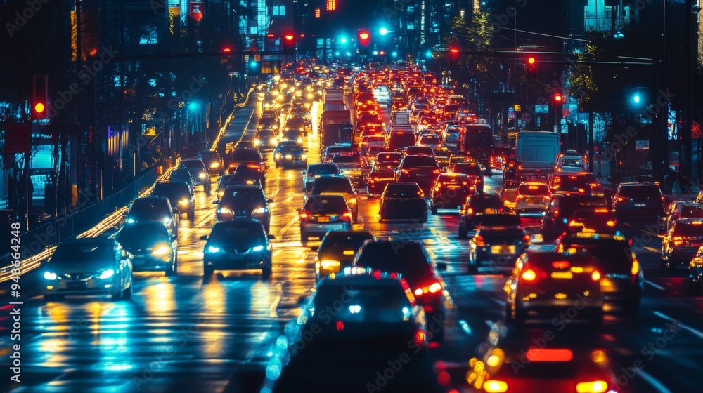 Poster A nighttime image of a busy street with illuminated traffic signals and the vibrant motion of headlights and taillights, highlighting urban traffic at dusk.