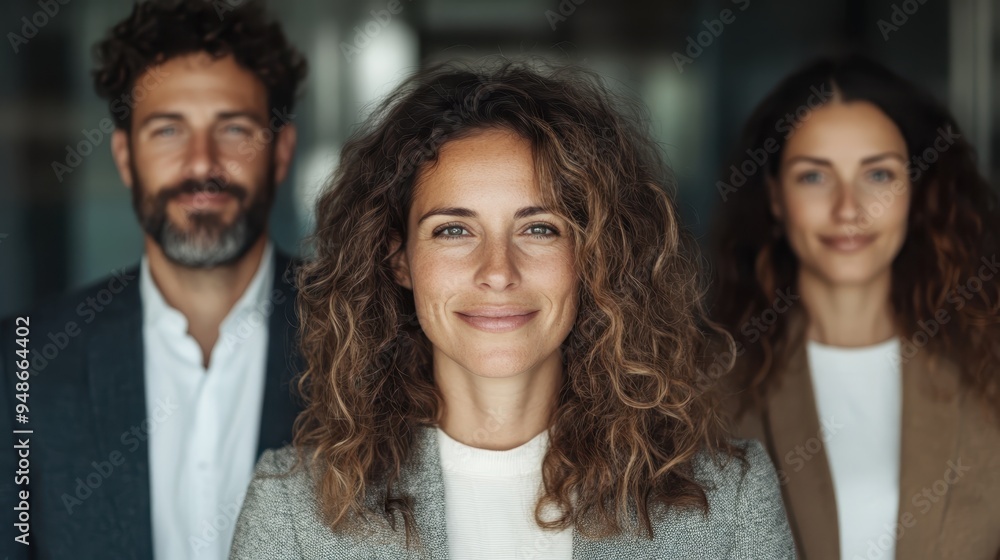 Wall mural a confident woman with curly hair smiling at the camera, standing in a professional setting with two