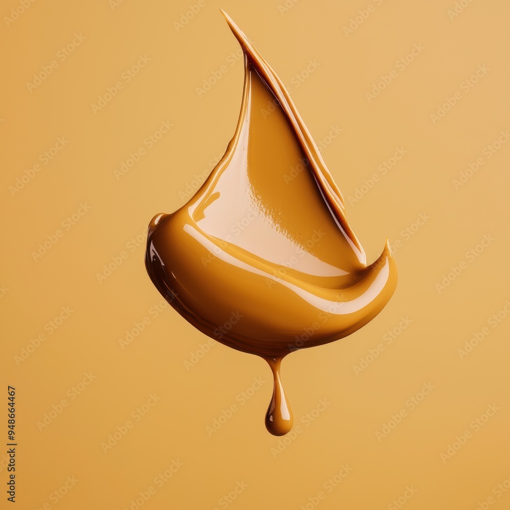 Poster close-up of dripping caramel drop with smooth texture on orange background