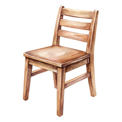 Watercolor illustration of a wooden chair with a ladder back, featuring a classic and rustic design with realistic wood texture. Isolated on transparent background, png.