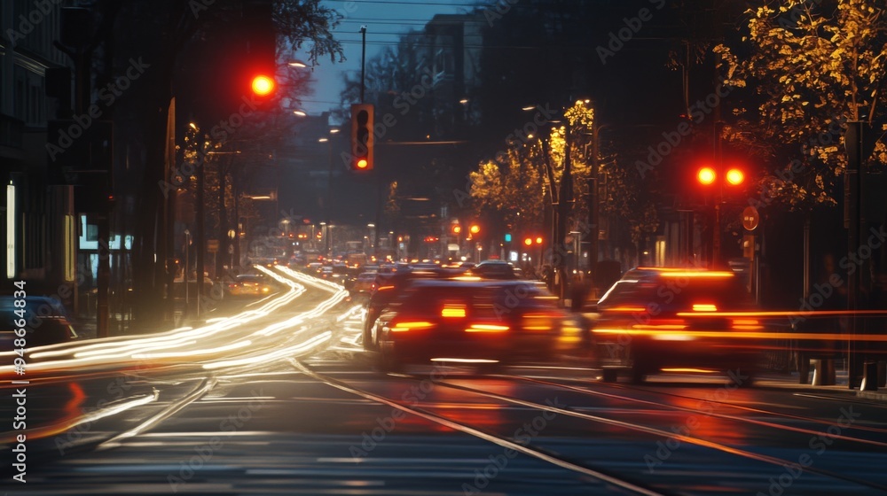 Poster a nighttime image of a busy street with illuminated traffic signals and the vibrant motion of headli
