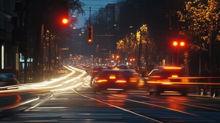 Obraz premium A nighttime image of a busy street with illuminated traffic signals and the vibrant motion of headlights and taillights, highlighting urban traffic at dusk.