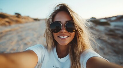 A woman is taking a selfie at the seaside during a sunny moment. The background displays a sandy beach and blue skies, capturing a cheerful and vibrant atmosphere.