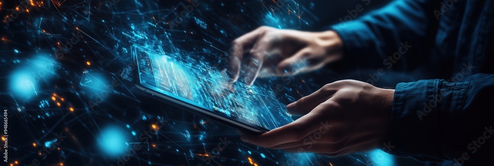 Poster futuristic technology: hands interacting with digital interface on tablet