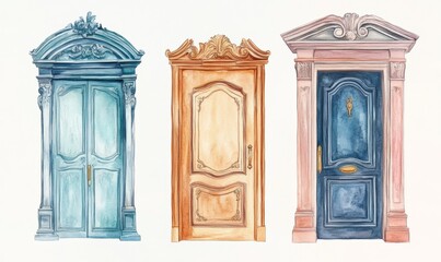 Obraz premium Watercolor painting of three beautiful, elegant luxury doors with different designs, isolated on a white background
