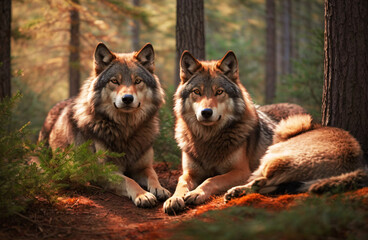 Obraz premium Stunning Pretty Wolf Pack Predator Wildlife Relaxing In The Forest 300 PPI High Resolution Cinematic Nature Art Image