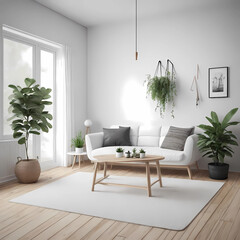 Fototapeta premium Living room interior in beige colors with six white frame. 3d rendering. Modern living room