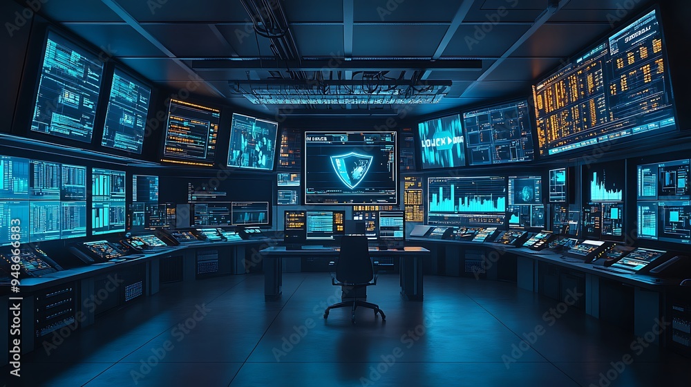 Poster high-tech cybersecurity control room with real-time data protection and encryption systems, secure a