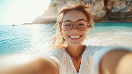 A young woman with glasses takes a smiling selfie at the beach, enjoying a sunny day by the seaside, capturing the essence of joy, freedom, and a carefree lifestyle.